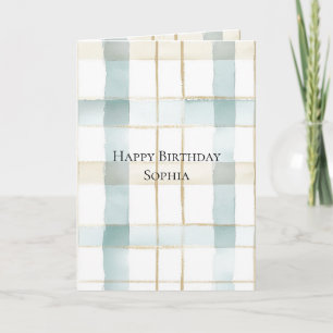 Aqua Mint Cream White Plaid Birthday Card