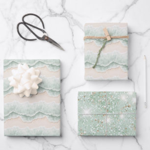 Aqua Mint Glitter Sand Ocean Beach Stripe Birthday Wrapping Paper Sheet