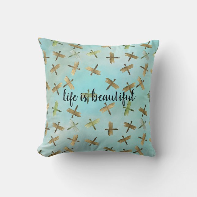 Aqua Mint Gold Dragonflies Watercolor personalised Cushion (Front)