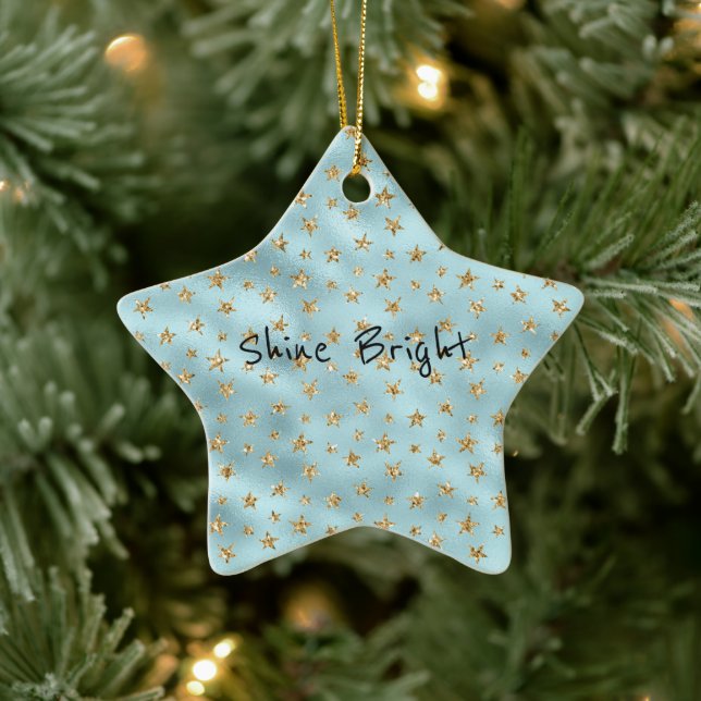 Aqua Mint Gold Glitter Stars Ceramic Ornament (Tree)