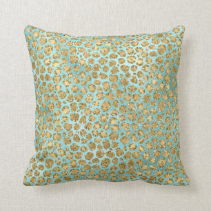 Aqua Mint Gold Glitz Glitter Leopard  Cushion