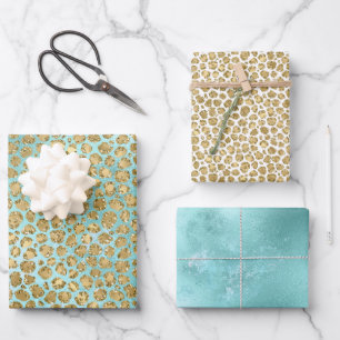 Aqua Mint Gold Glitz Glitter Leopard       Wrapping Paper Sheet