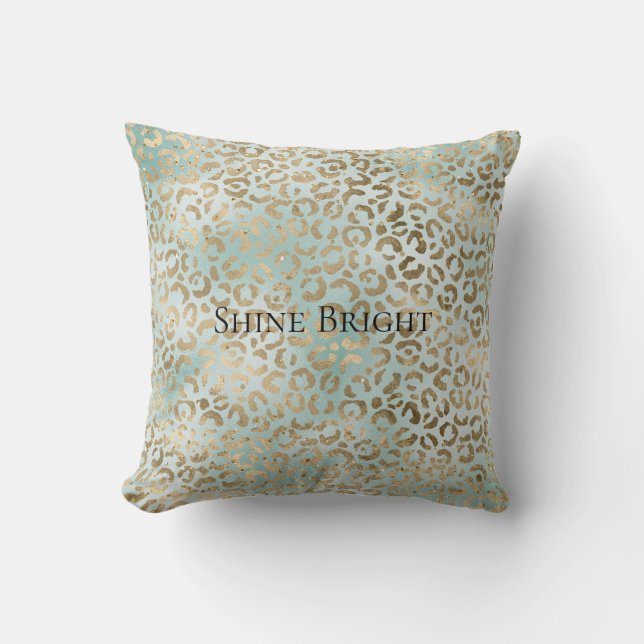 Aqua Mint Gold Glitz Sparkle Leopard Print   Cushion (Front)