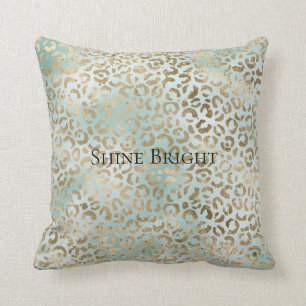 Aqua Mint Gold Glitz Sparkle Leopard Print   Cushion