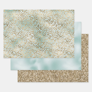 Aqua Mint Gold Glitz Sparkle Leopard Print     Wrapping Paper Sheet