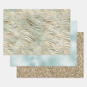Aqua Mint Gold Glitz Sparkle Zebra Print      Wrapping Paper Sheet