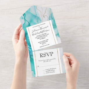 Aqua Mint Gold White Marble All In One Invitation