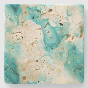 Aqua Mint Gold White Marble Stone Coaster
