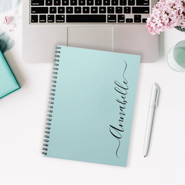 Aqua Mint Green Personalised Name Notebook (Modern personalized notebook in script typography.  Available in aqua mint. pink or black)