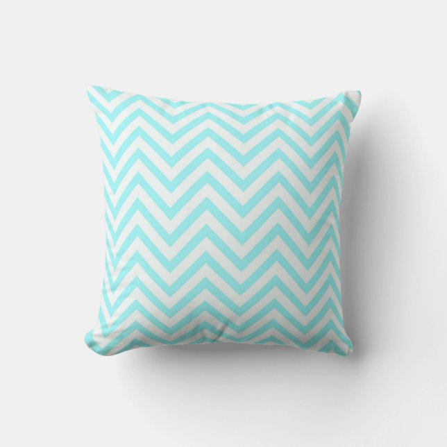 Aqua Mint Ocean Blue Beach Chevron White Cushion (Front)
