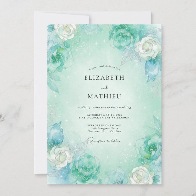 Aqua Mint Petals Wedding Invitation (Front)