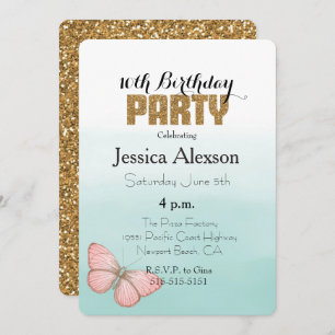 Aqua Mint Pink Butterfly Gold Glitter Invitation