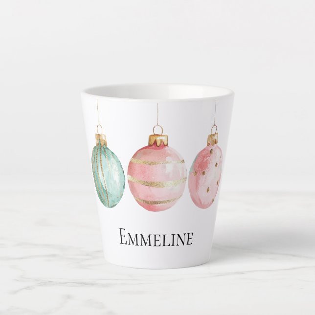 Aqua Mint Pink Gold Christmas Ornaments Name Latte Mug (Front)