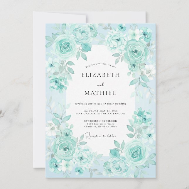 Aqua Mint Rose Wedding Invitation (Front)