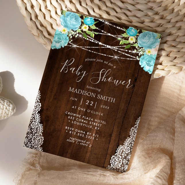 Aqua Mint Rustic String Lights Floral Baby Shower Invitation (Creator Uploaded)