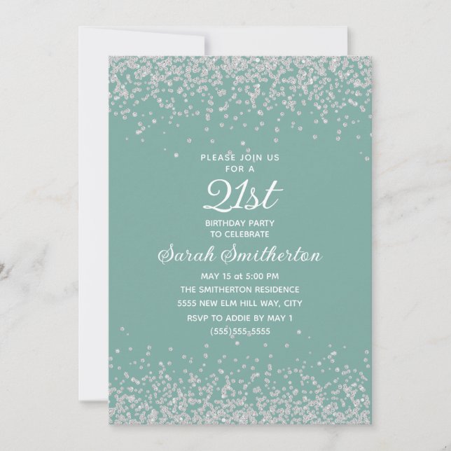 Aqua Mint Silver Diamond Glitter 21st Birthday Invitation (Front)