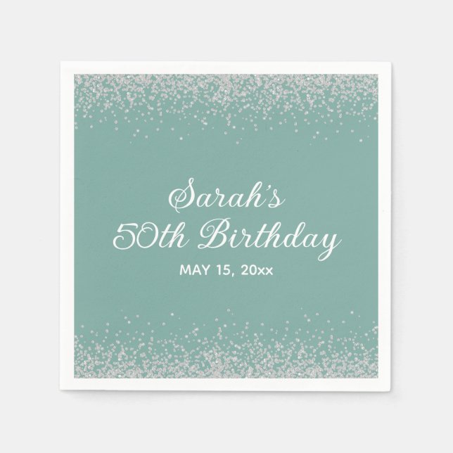 Aqua Mint Silver Diamond Glitter 50th Birthday Napkin (Front)