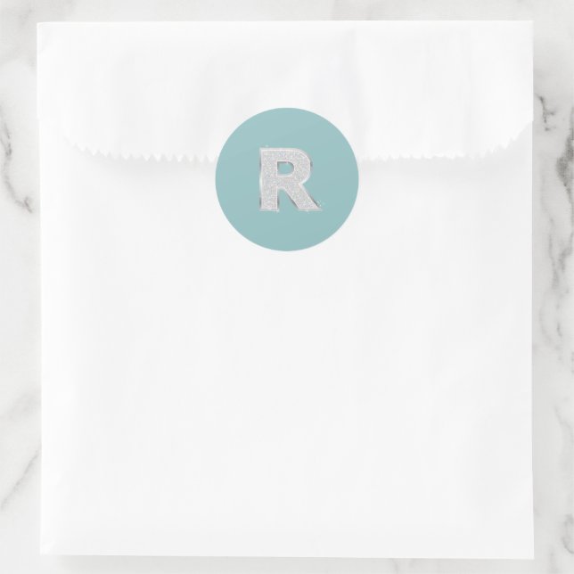 Aqua Mint Silver monogram letter R glitter Classic Round Sticker (Bag)