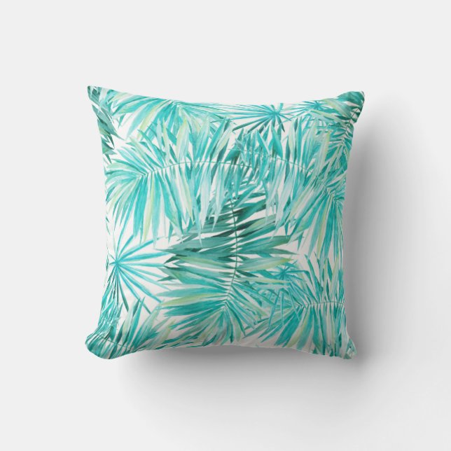 Aqua Mint Tropical Palm Leaves Cushion (Front)