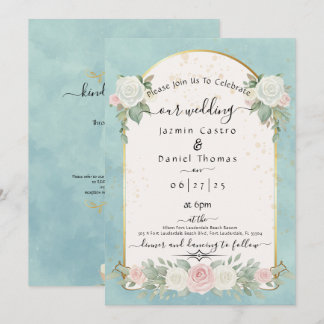 Aqua Mint Watercolor Floral Gold Arch Wedding Invitation