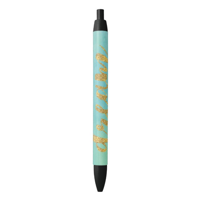Aqua Mint Watercolor Gold Dream Black Ink Pen (Front Vertical)