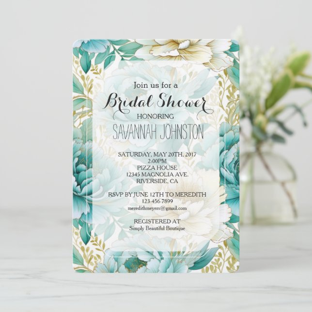 Aqua Mint White Cream Gold Floral Bridal Shower Invitation (Standing Front)