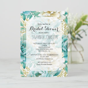 Aqua Mint White Cream Gold Floral Bridal Shower Invitation