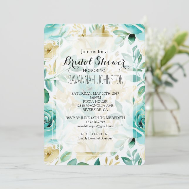 Aqua Mint White Cream Gold Rose Bridal Shower Invitation (Standing Front)