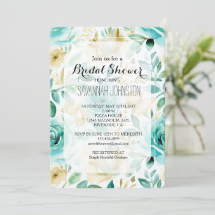 Aqua Mint White Cream Gold Rose Bridal Shower Invitation
