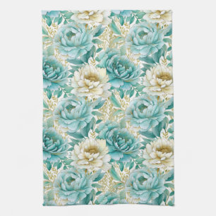 Aqua Mint White Floral Tea Towel