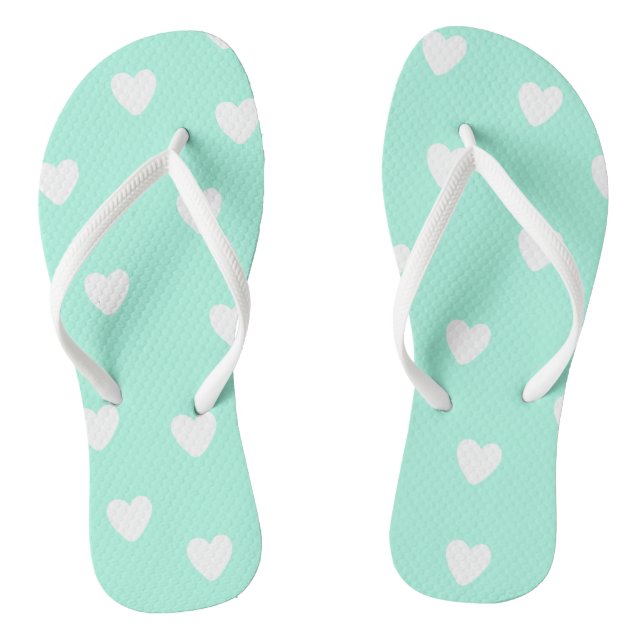 Aqua Mint with Cute White Hearts Pattern Thongs (Footbed)
