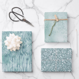 Aqua Mint Zebra Print Confetti Glitter     Wrapping Paper Sheet