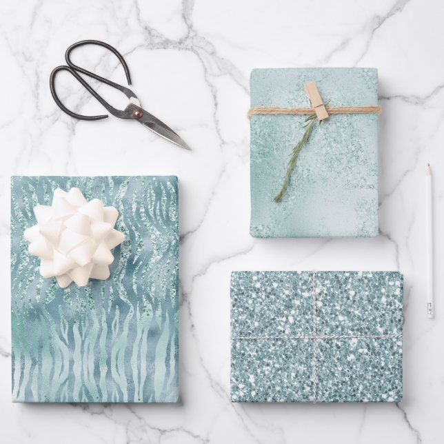 Aqua Mint Zebra Print Confetti Glitter     Wrapping Paper Sheet (Front)