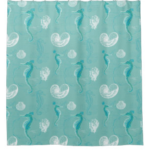 Aqua Modern Cottage Beach Ocean Seahorse Seashells Shower Curtain
