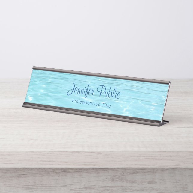 Aqua Modern Elegant Blue Water Template Trendy Desk Name Plate (Front)