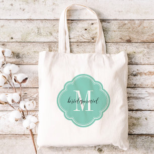 Aqua Monogram Bridesmaid Tote Bag