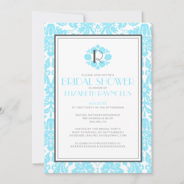 Aqua Monogram Damask Bridal Shower Invitations (Front)