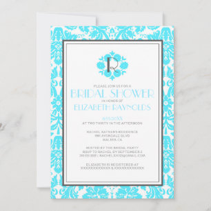 Aqua Monogram Damask Bridal Shower Invitations