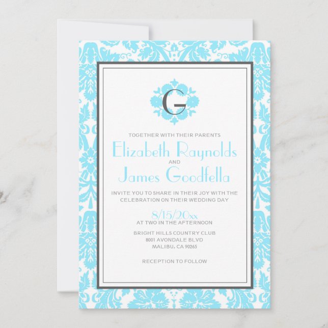 Aqua Monogram Damask Wedding Invitations (Front)