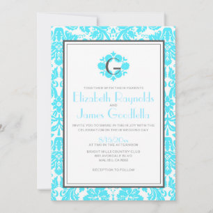 Aqua Monogram Damask Wedding Invitations