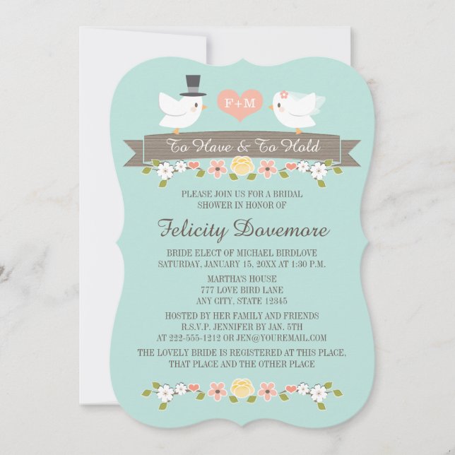 Aqua Monogram Love Birds Bridal Shower Invitation (Front)