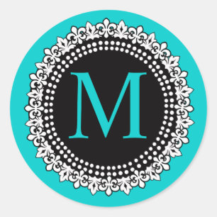 Aqua  Monogram M Fleur de lis Wedding Sticker
