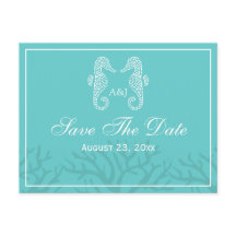 Aqua Monogram Seahorse Save The Date Postcards