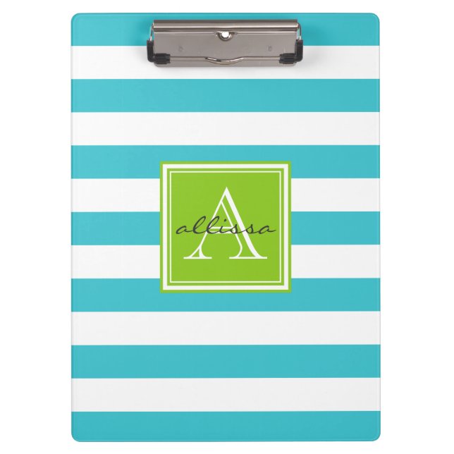 Aqua Monogrammed Awning Stripe Clipboard (Front)