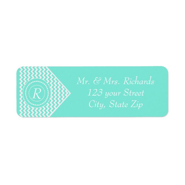 Aqua Monogrammed Chevron Return Address Label (Front)