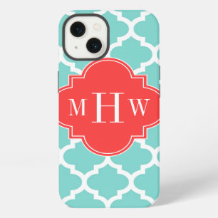Aqua Moroccan #5 Coral Red 3 Initial Monogram iPhone Case