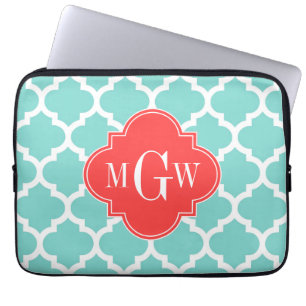 Aqua Moroccan #5 Coral Red 3 Initial Monogram Laptop Sleeve
