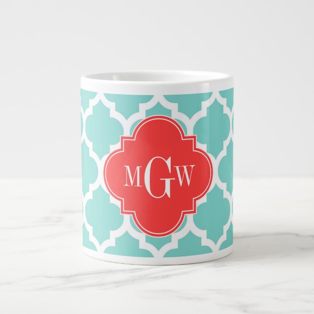 Aqua Moroccan #5 Coral Red 3 Initial Monogram Large Coffee Mug (Front)