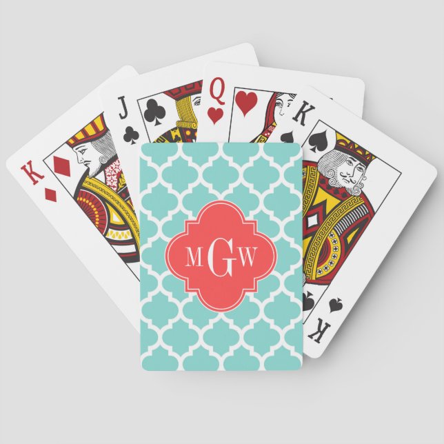 Aqua Moroccan #5 Coral Red 3 Initial Monogram Playing Cards (Back)