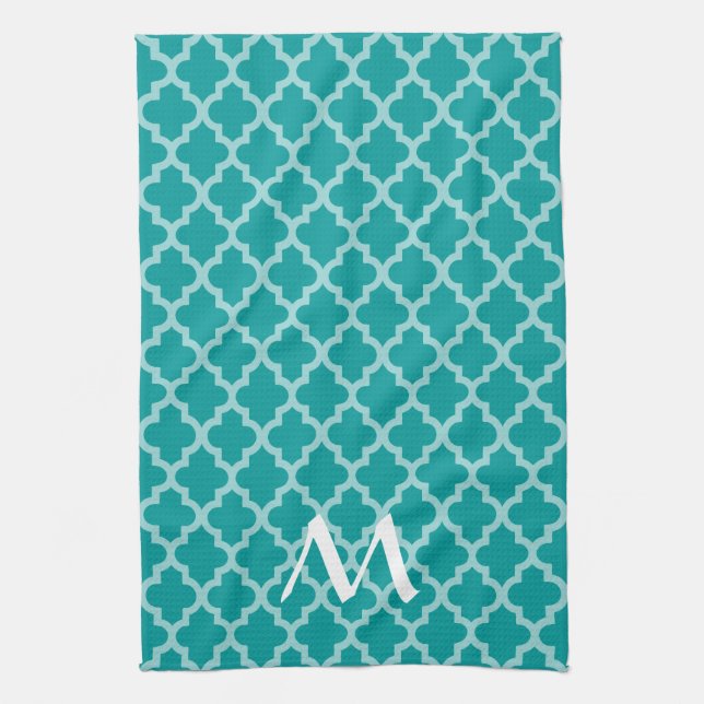 Aqua Moroccan Moods Quatrefoil with Initial Tea Towel (Vertical)